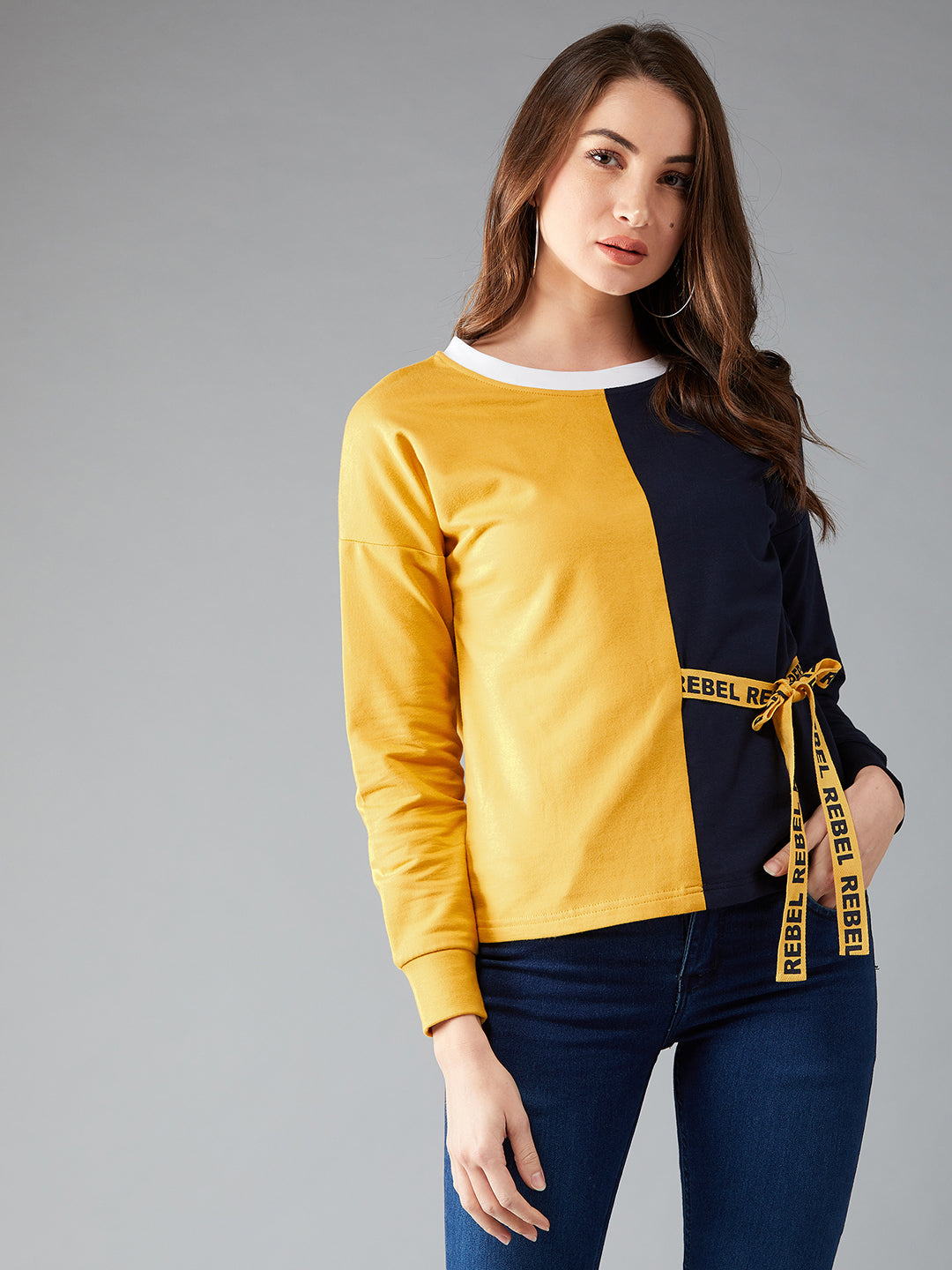 Women's Mustard & Navy Blue Round Neck Full sleeves Solid Color-Block Regular length Sweatshirt