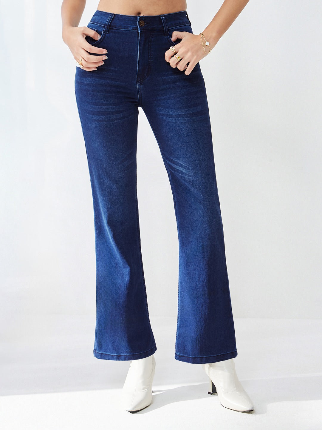 Navy blue Wide leg Mid rise Stretchable Denim Jeans for Women