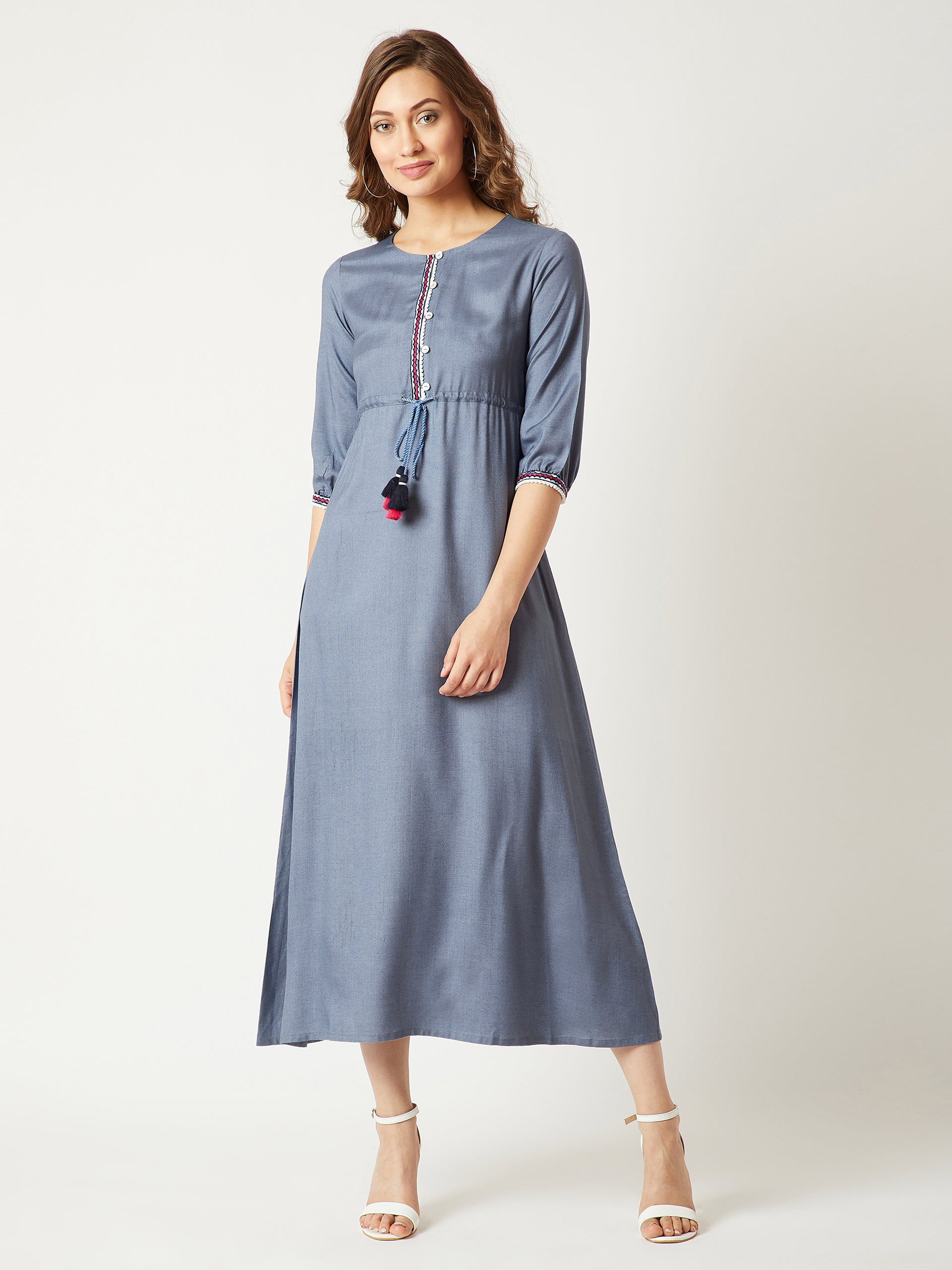 Steel Grey Round Neck Gathered 3/4 Sleeves Solid Embroidered And Tasseled Detailing Maxi Dress for Women
