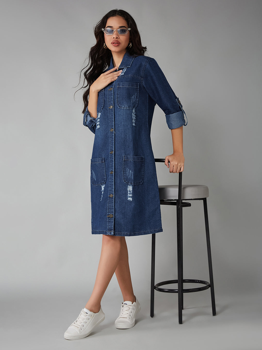 Women's Blue Collared-Neck Full-Sleeve Shirt Dress Styled Knee-Long Denim Jacket