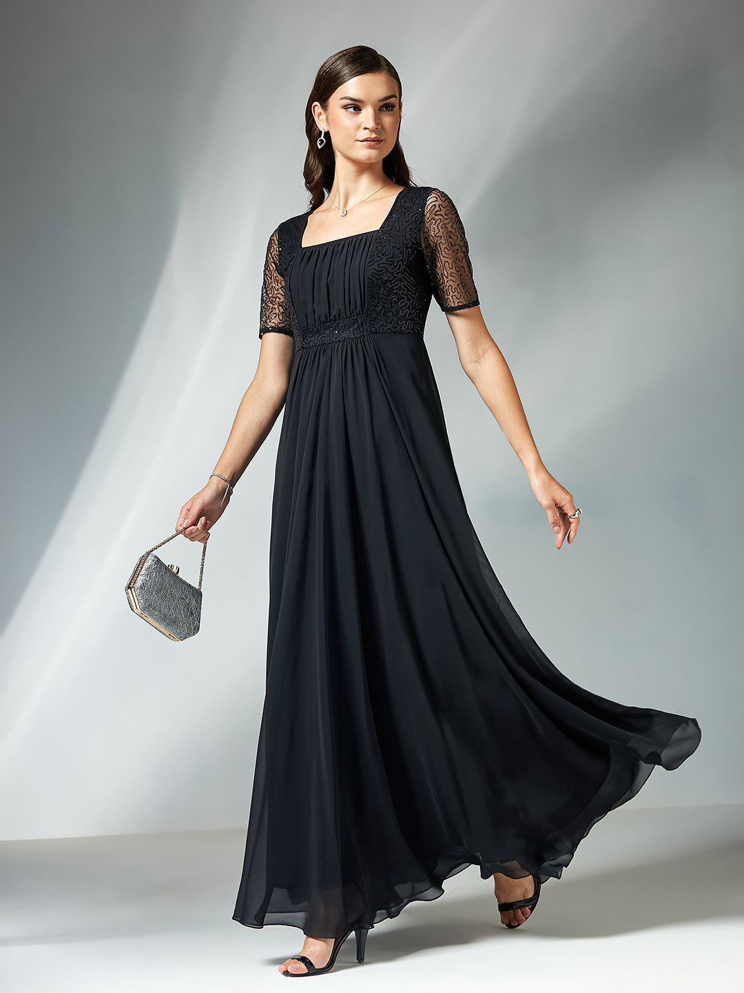 Dusty Pink Square Neck Half Sleeve Solid Embellished Maxi Dress for Women