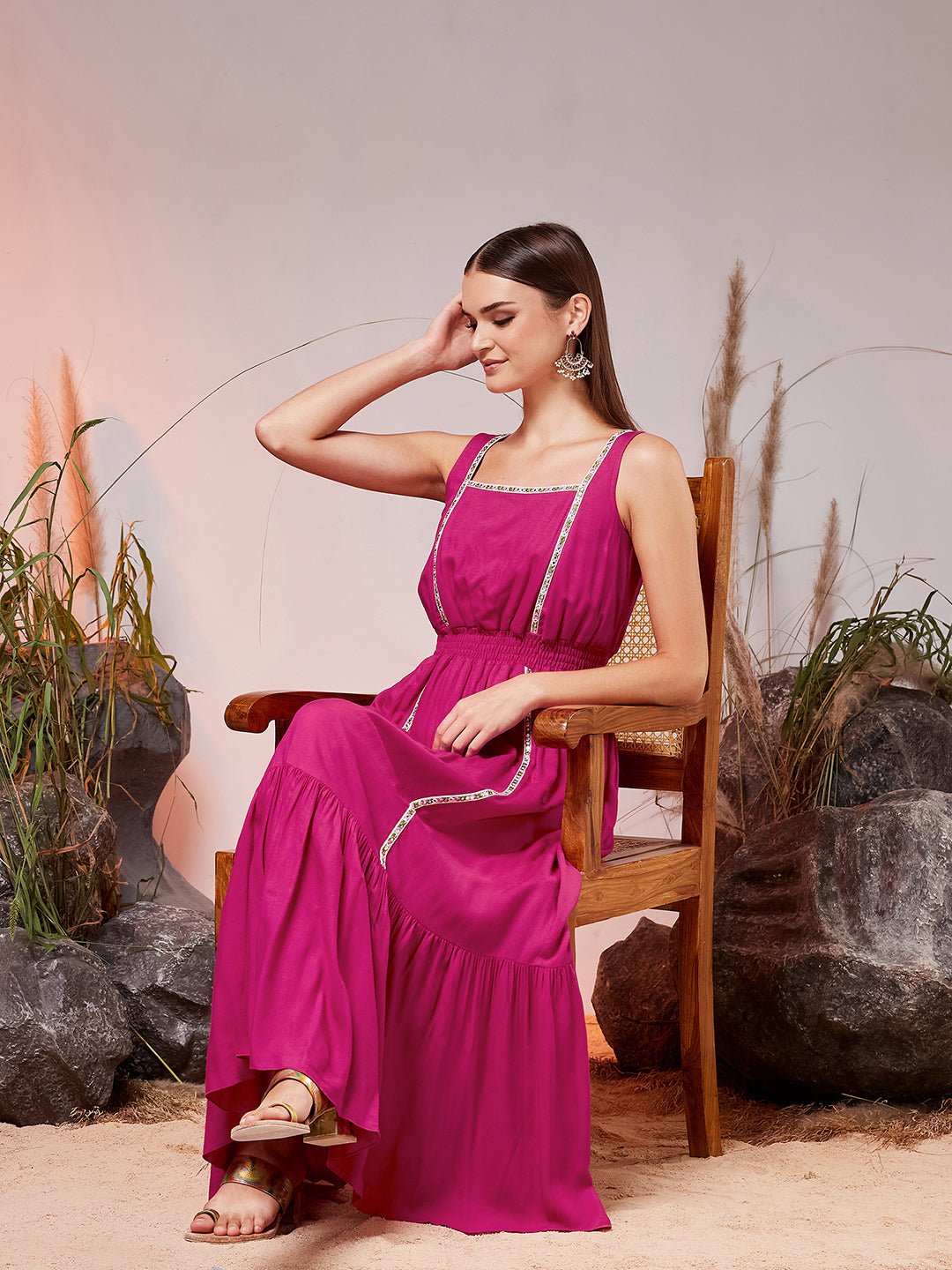 Pink Square Neck Sleeveless Solid Tiered Maxi Viscose Rayon Ethnic Dress for Women — Miss Chase