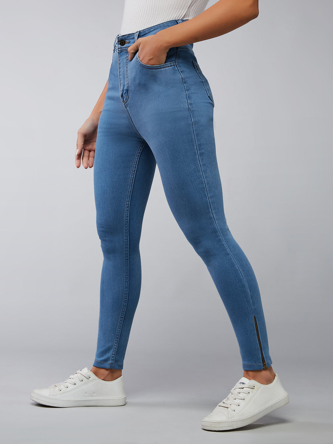 Women's Blue Skinny Fit High Rise Clean Look Cropped Stretchable Denim Jeans