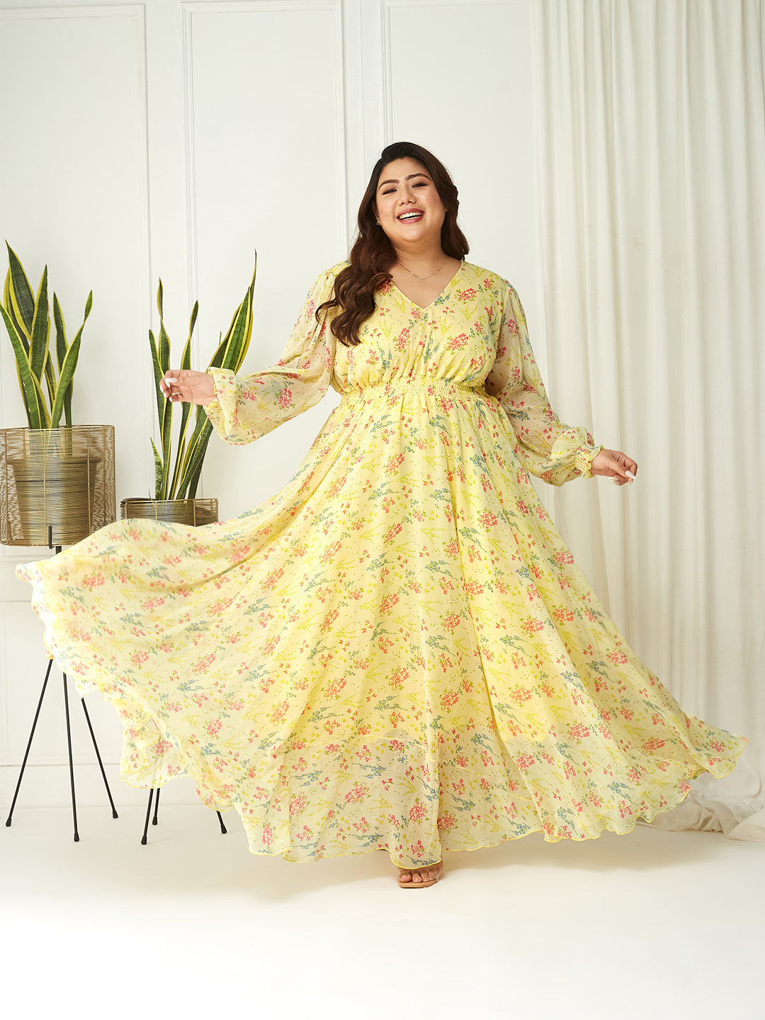 Women's Multicolored-Base-Lime Yellow V-Neck Bishop Sleeve Floral Gathered Chiffon Maxi Dress