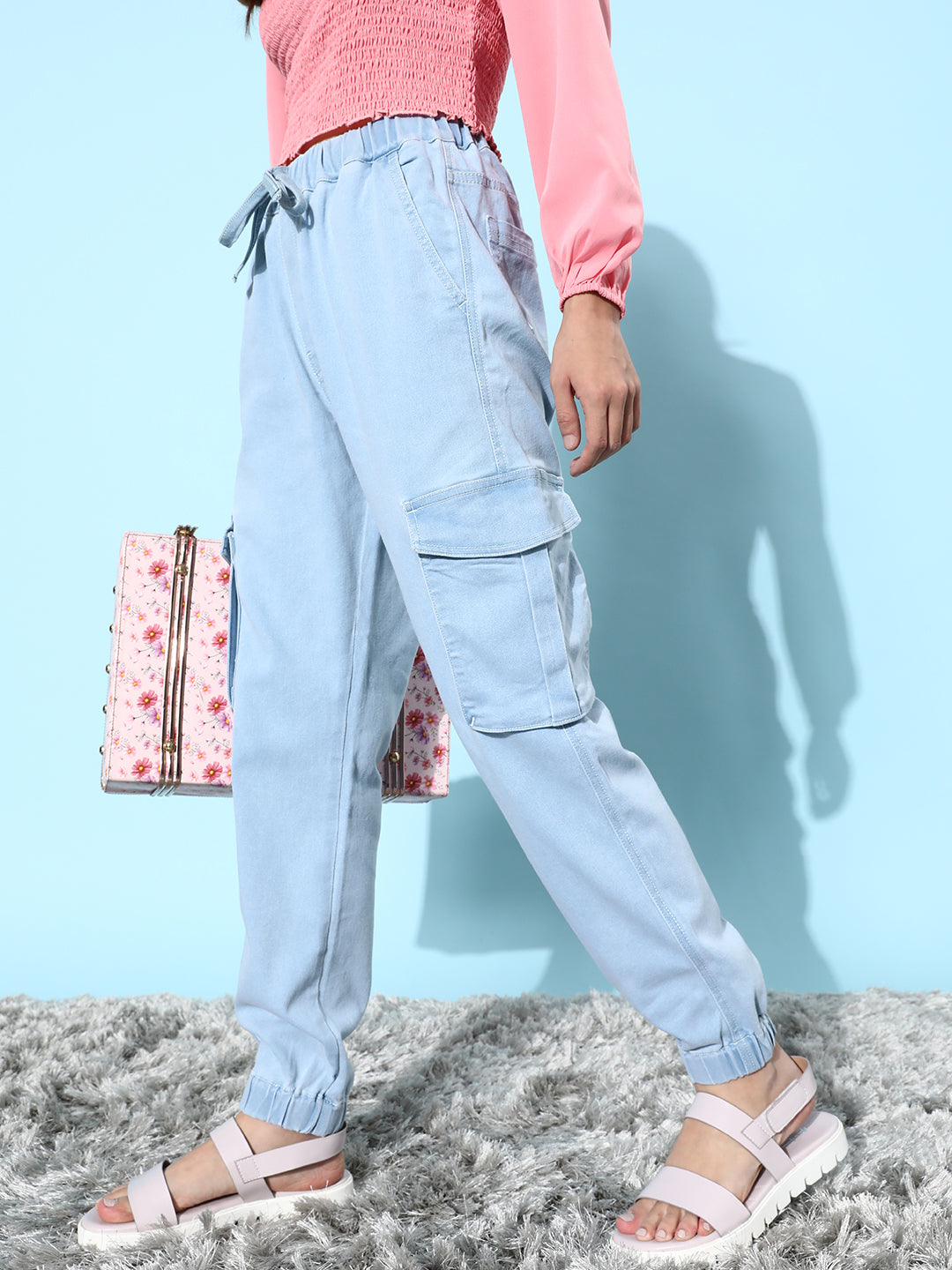 Women's Light Blue Regular High-Rise Clean-Look Regular Stretchable Denim Joggers