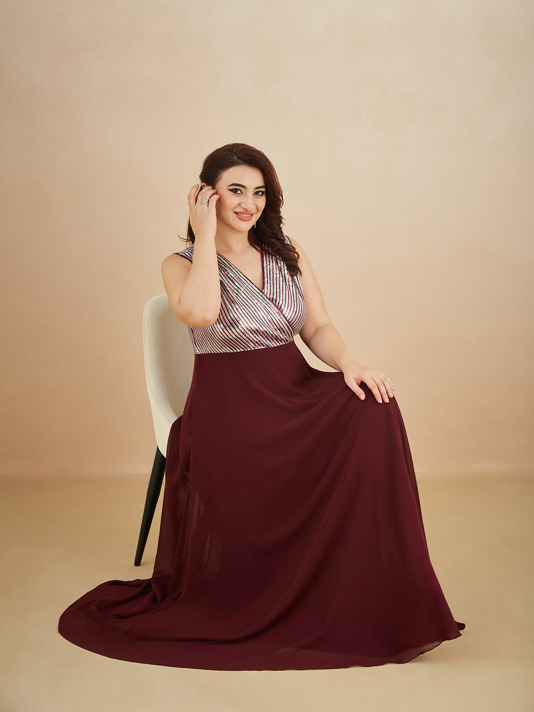 Wine V-Neck Sleeveless Embellished Wrap-Styled Maxi Georgette Dress for Women