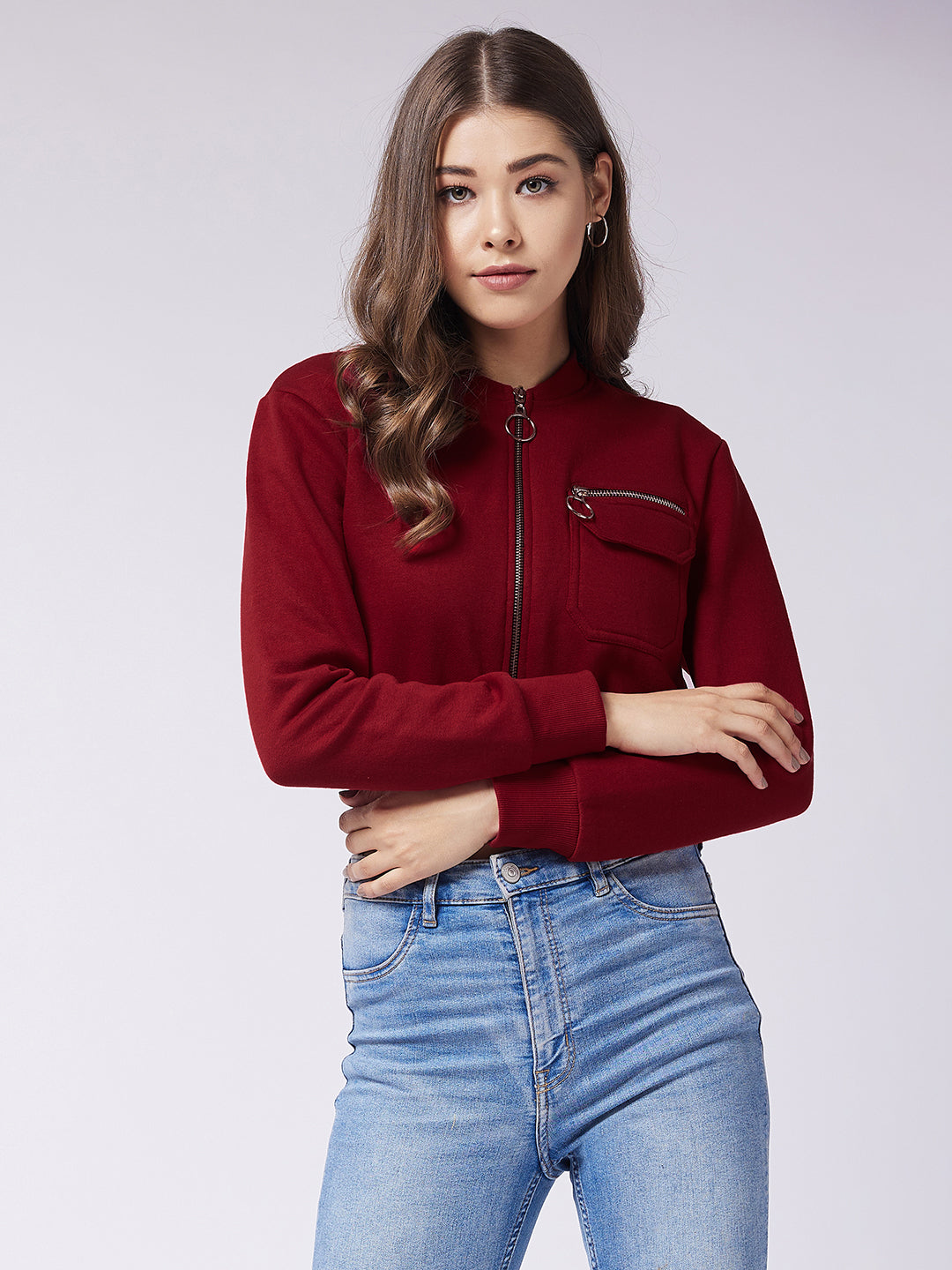 Women's Maroon Stand Collar Full Sleeve Solid Boxy/Bomber Crop Jacket