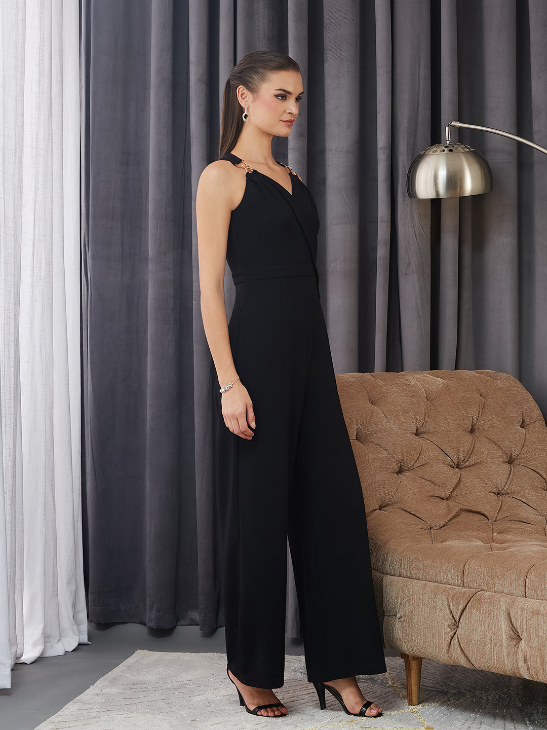 Women's Black V-Neck Sleeveless Solid Wrap Regular Length Jumpsuit