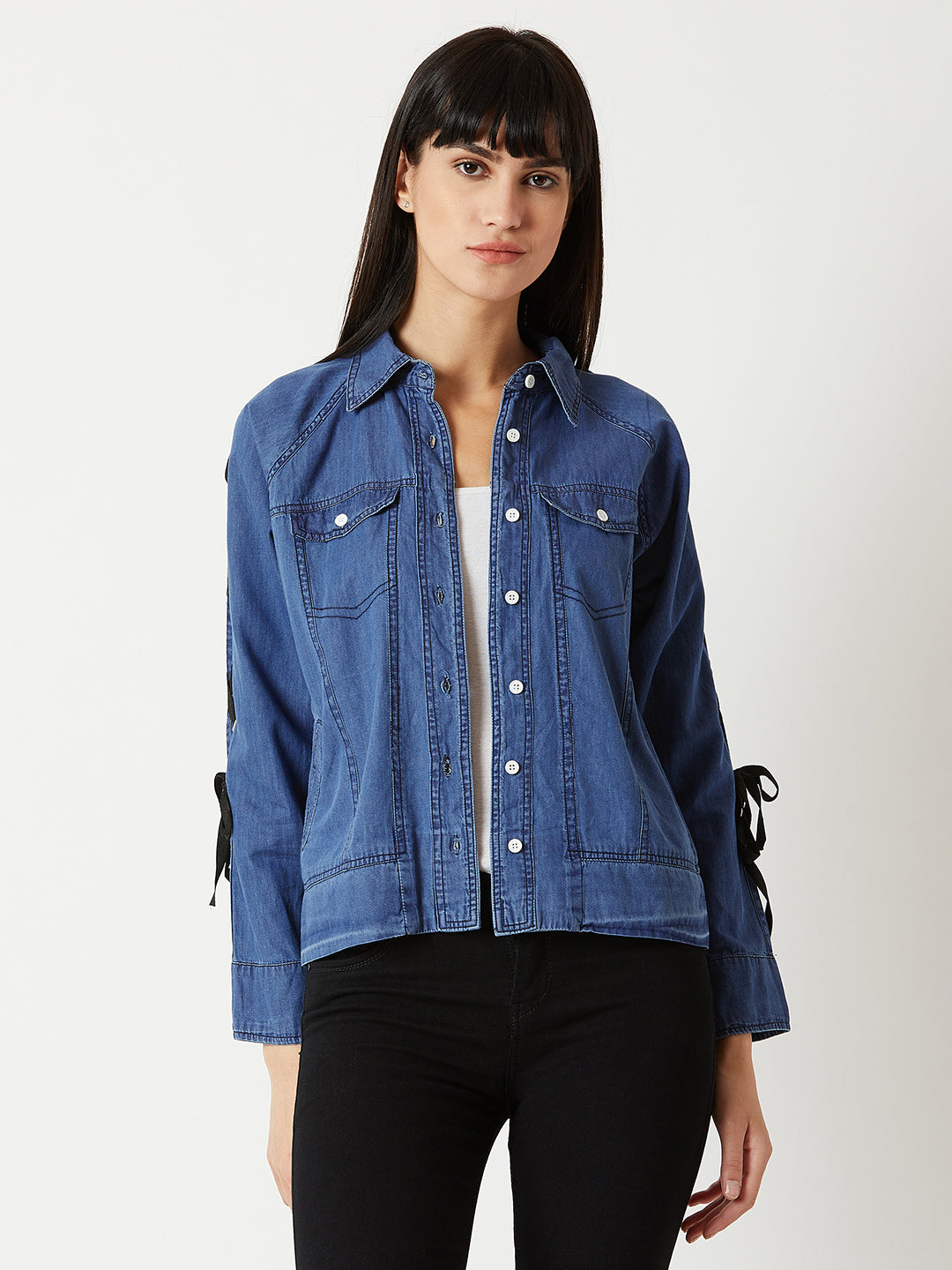 Women's Blue Polo Neck Full Sleeve Buttoned Eyelet And Twill Tape Detailing Solid Bomber Denim Jacket