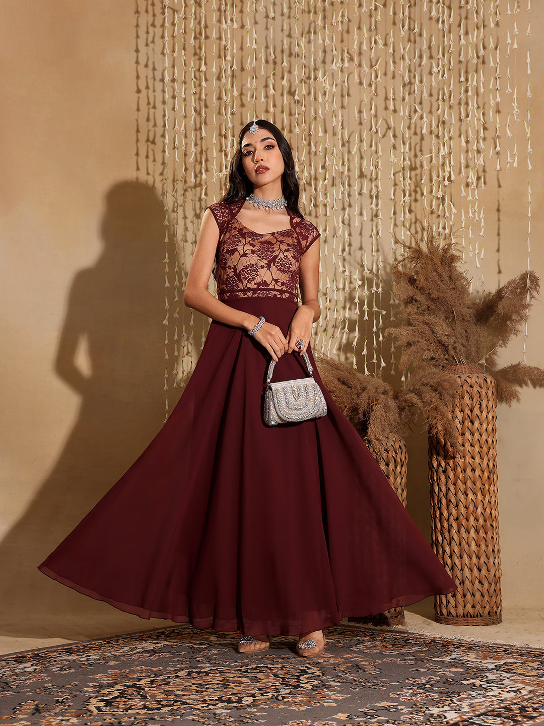 Women's Wine & Beige Floral V - Neck Cap Short Sleeves Lace Overlaid Fit & Flare Paneled Maxi Dress