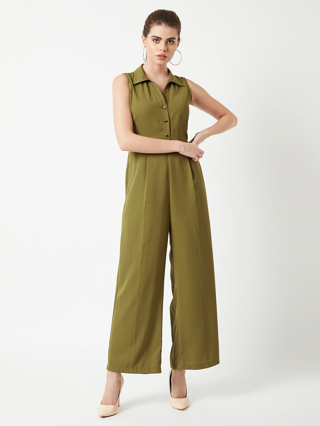 Women's Olive Green Collared Sleeveless Solid Wide Leg Regular Length Elasticated Jumpsuit