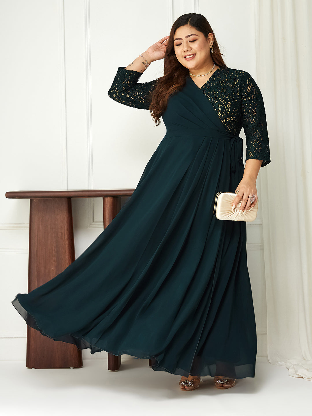 Women's Teal V-Neck 3/4 Sleeve Self-Designed Wrap-Styled Georgette Maxi Dress