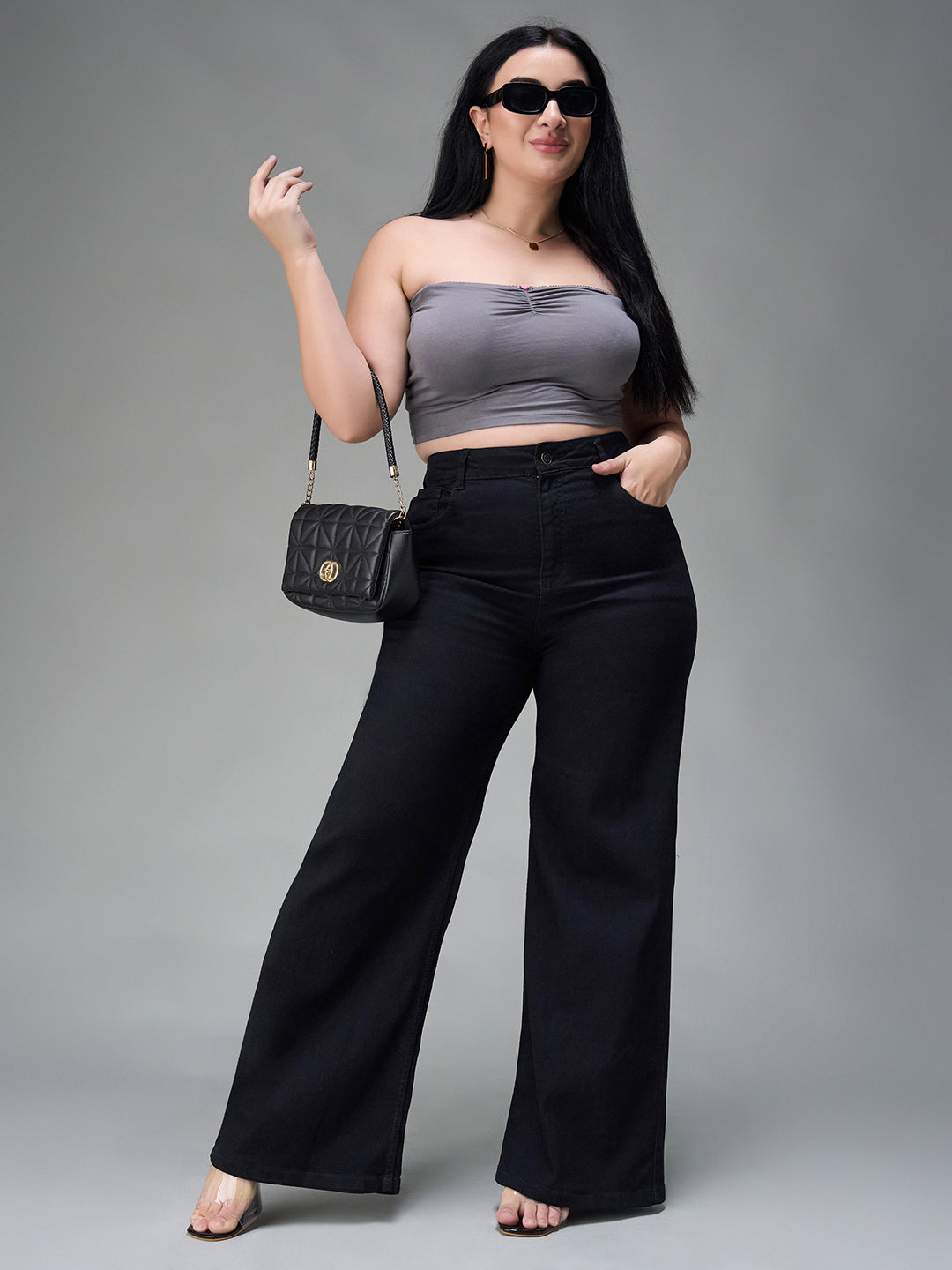 Women's Black Wide Leg High Rise Clean Look Regular-Length Stretchable Denim Jeans