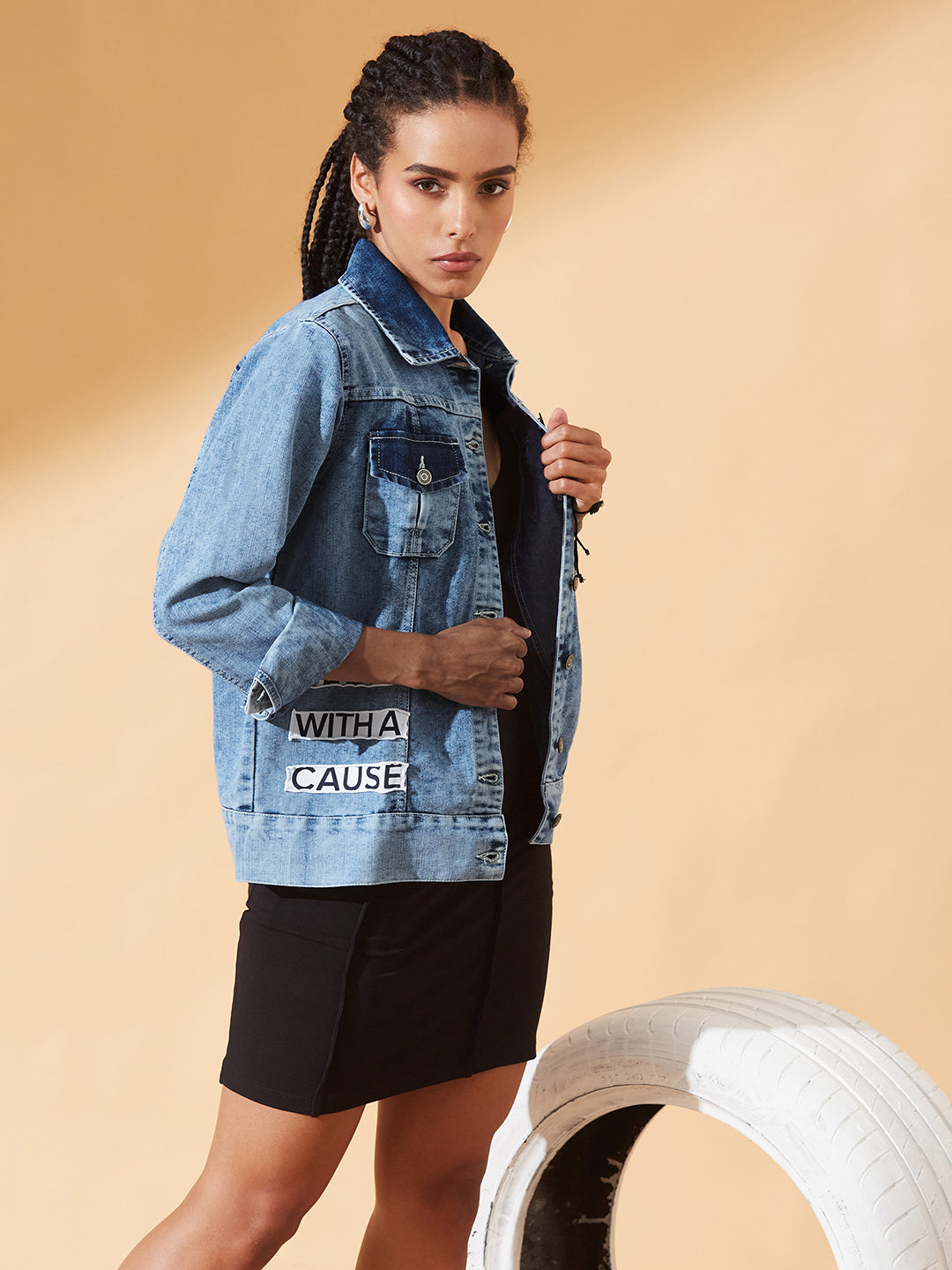 Light-Blue Polo Neck Solid Full Sleeve Bomber Jacket for Women
