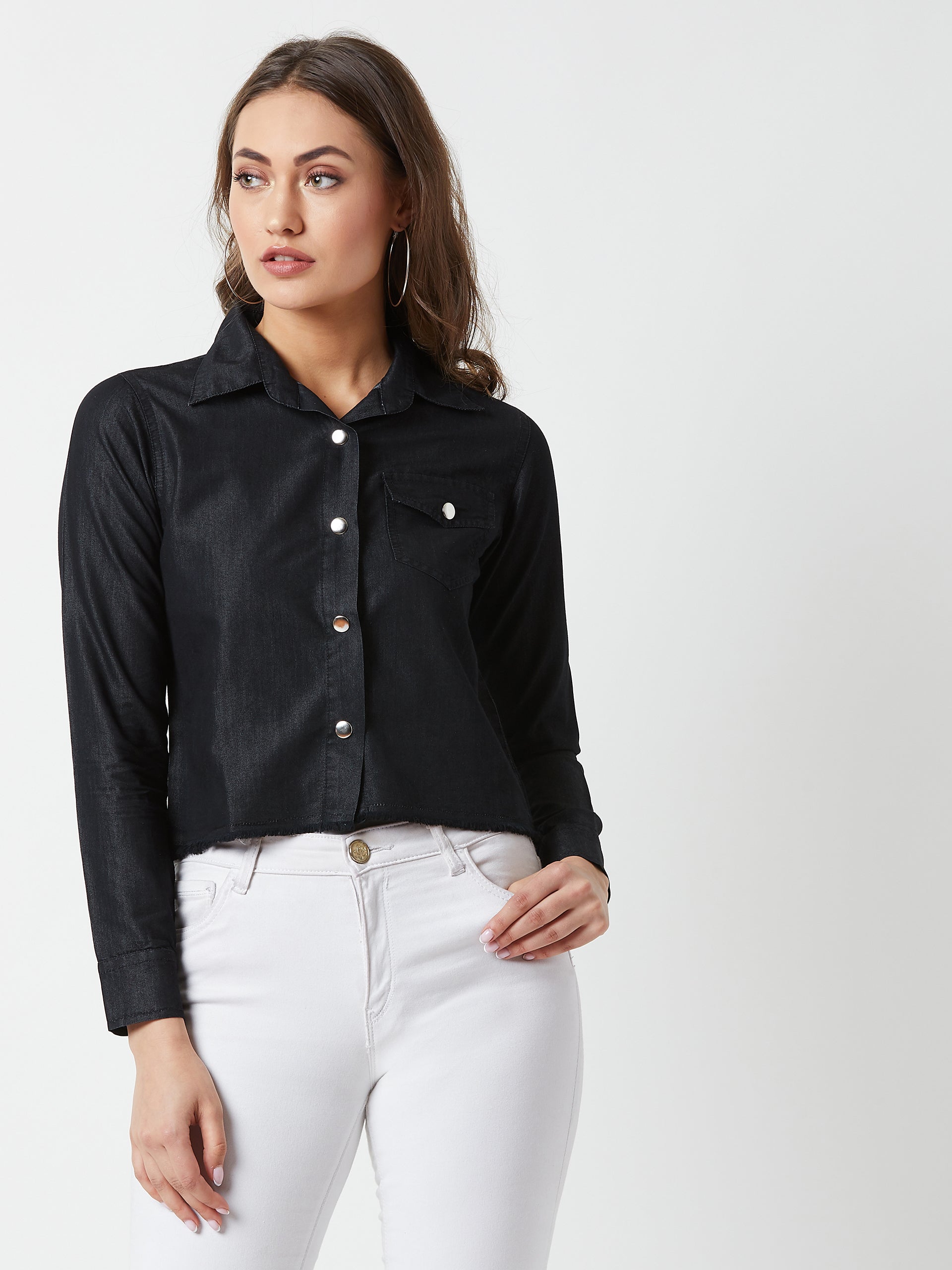 Women's Black Polo Neck Snap Button Detailing Full Sleeves Denim Solid Cropped Jacket