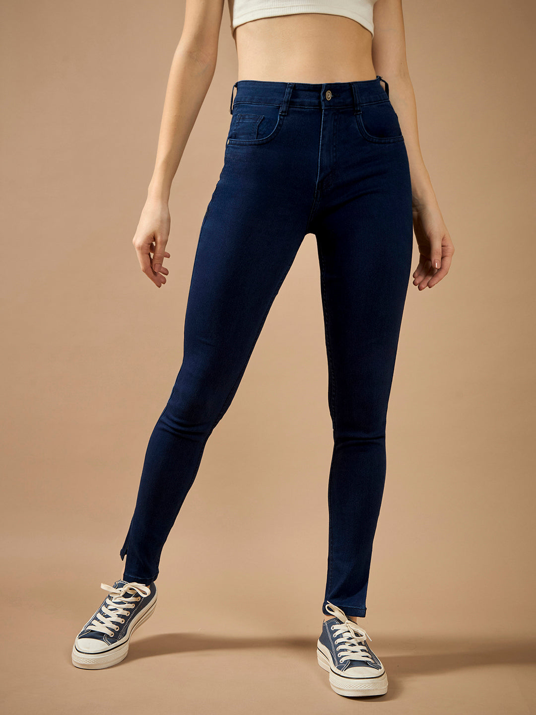 Women's Navy Blue Skinny-Fit Mid-Rise Cropped-Length Side-Slit Denim Stretchable Jeans