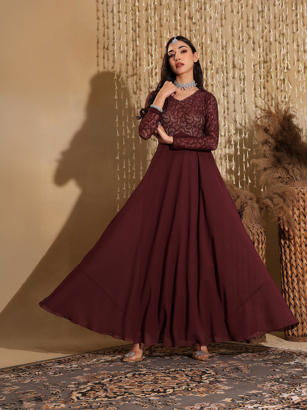 Women's Wine V-Neck Full Sleeve Self Design Lace-Overlaid Georgette Maxi Dress
