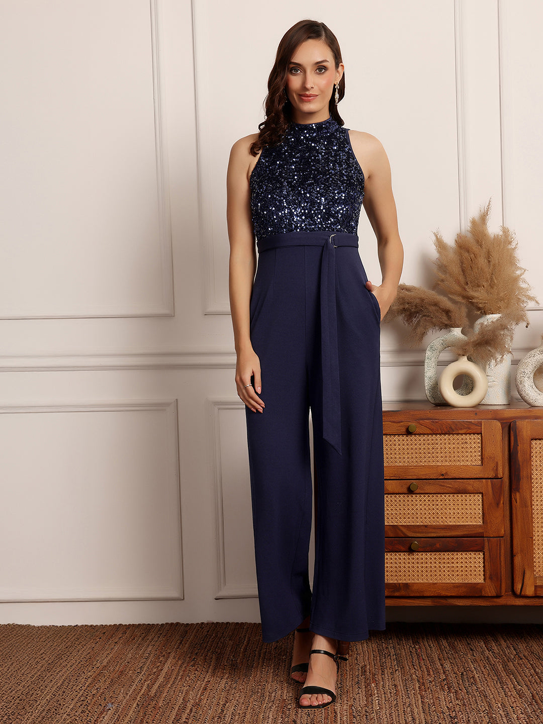 Women's Navy Blue Halter-Neck Sleeveless Embellished Jumpsuit