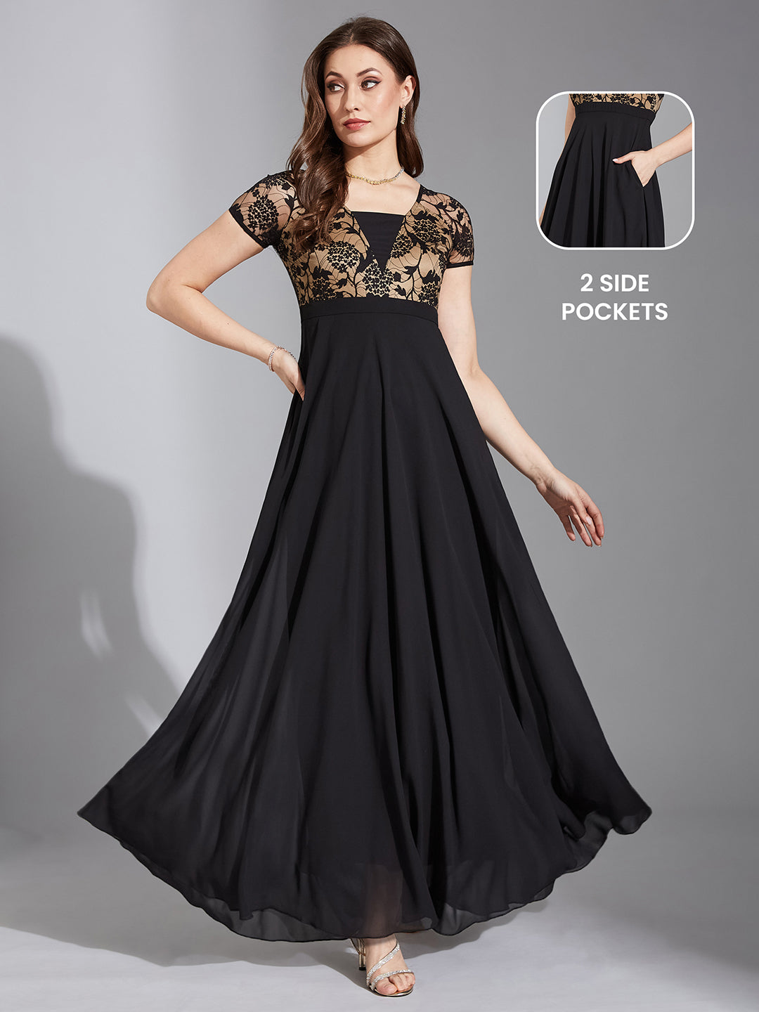 Women's Black Square Neck Raglan Short Sleeve Self Design Lace Overlaid Georgette Maxi Dress