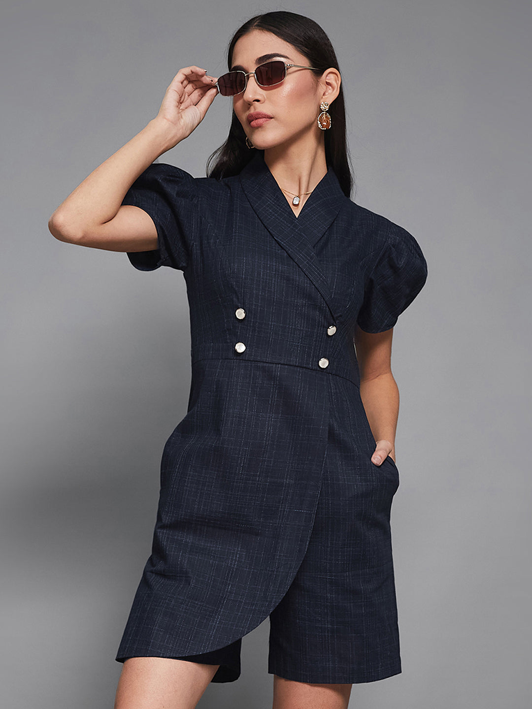 Navy-Blue Shawl-Collar Half-Sleeve Self-Designed Overlapped Knee-Long Playsuit for Women