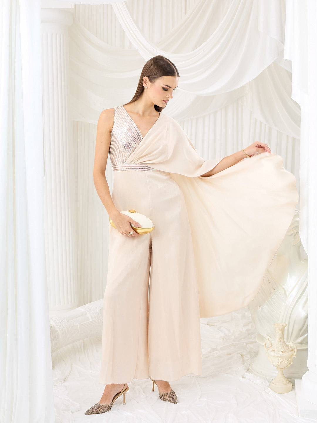 Ivory V-Neck Jumpsuit in Embellished Pleated Luxe Satin for Women