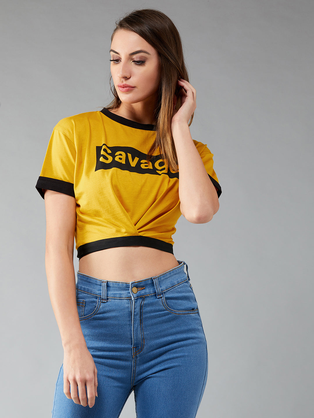 Women's Mustard and Black Round Neck Short Sleeve Printed Cropped T-Shirt