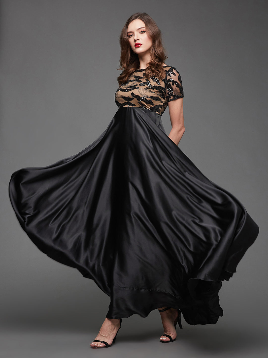 Black Boat-Neck Short-Sleeve Abstract Fit & Flare Satin Maxi Dress for Women