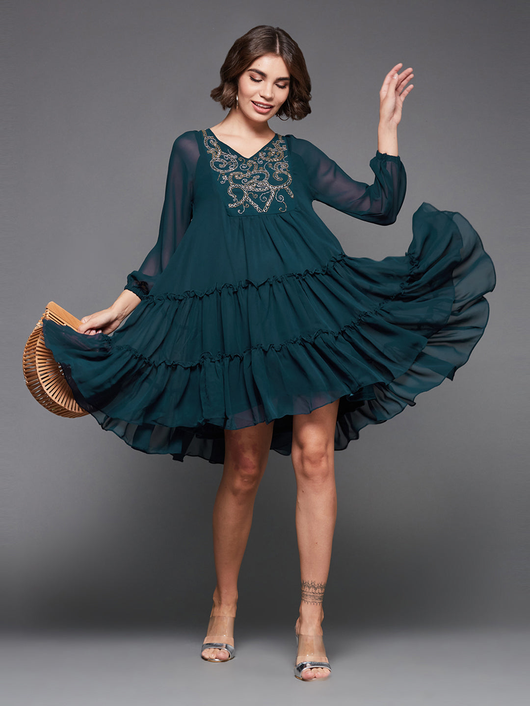 Women's Teal V-neck Full Sleeve Solid Embellished Knee Length Dress