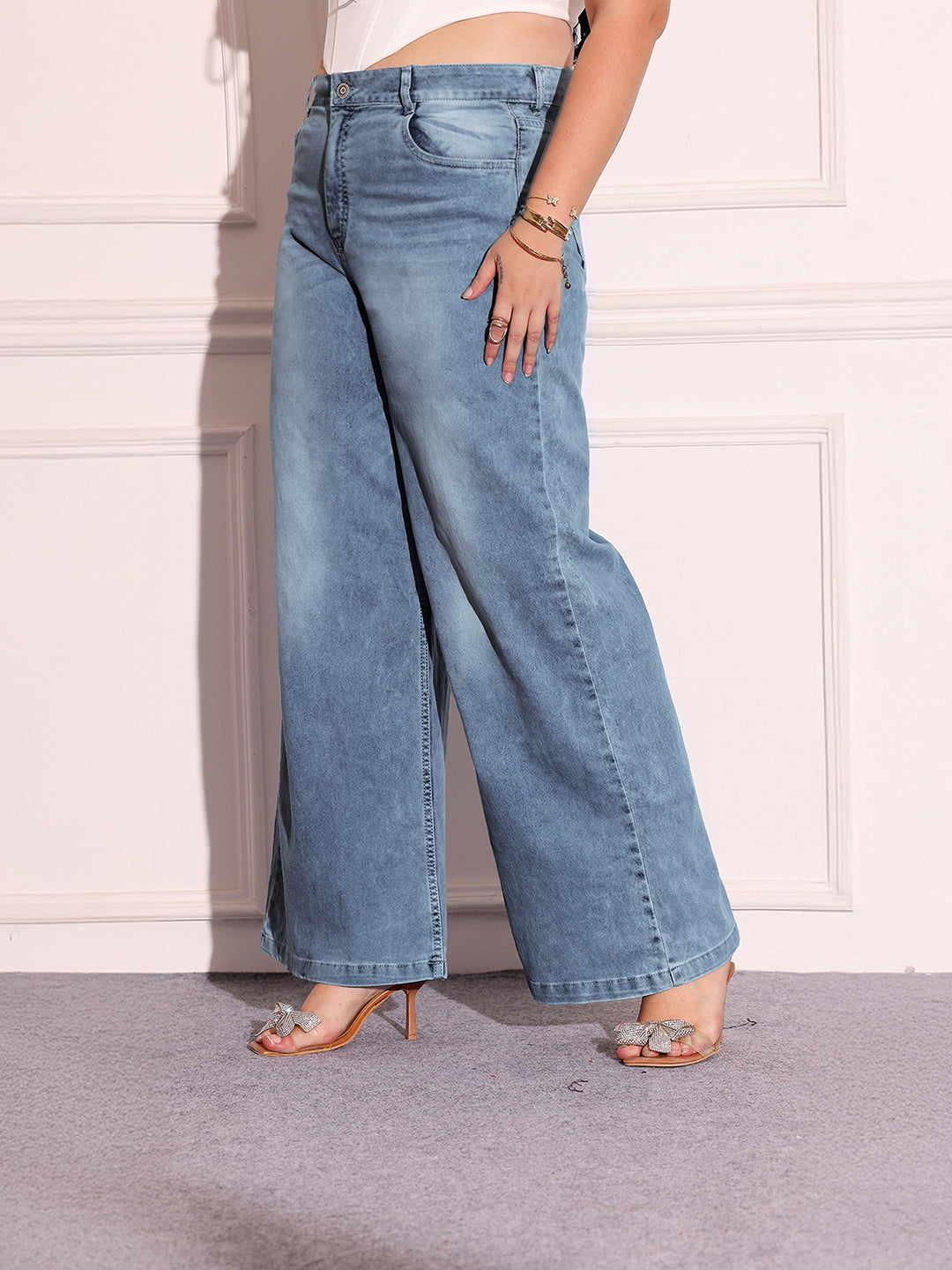 Women's Light Blue High-Rise Stretchable Denim Wide-Leg Shaping Jeans