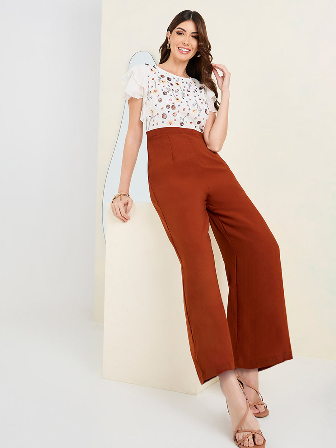 Women's Off White & Rust Round-Neck Extended Sleeve Embellished Regular Jumpsuit