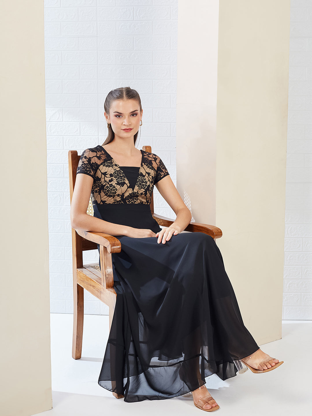 Black Square Neck Raglan Short Sleeve Self Design Lace Overlaid Georgette Maxi Dress for Women