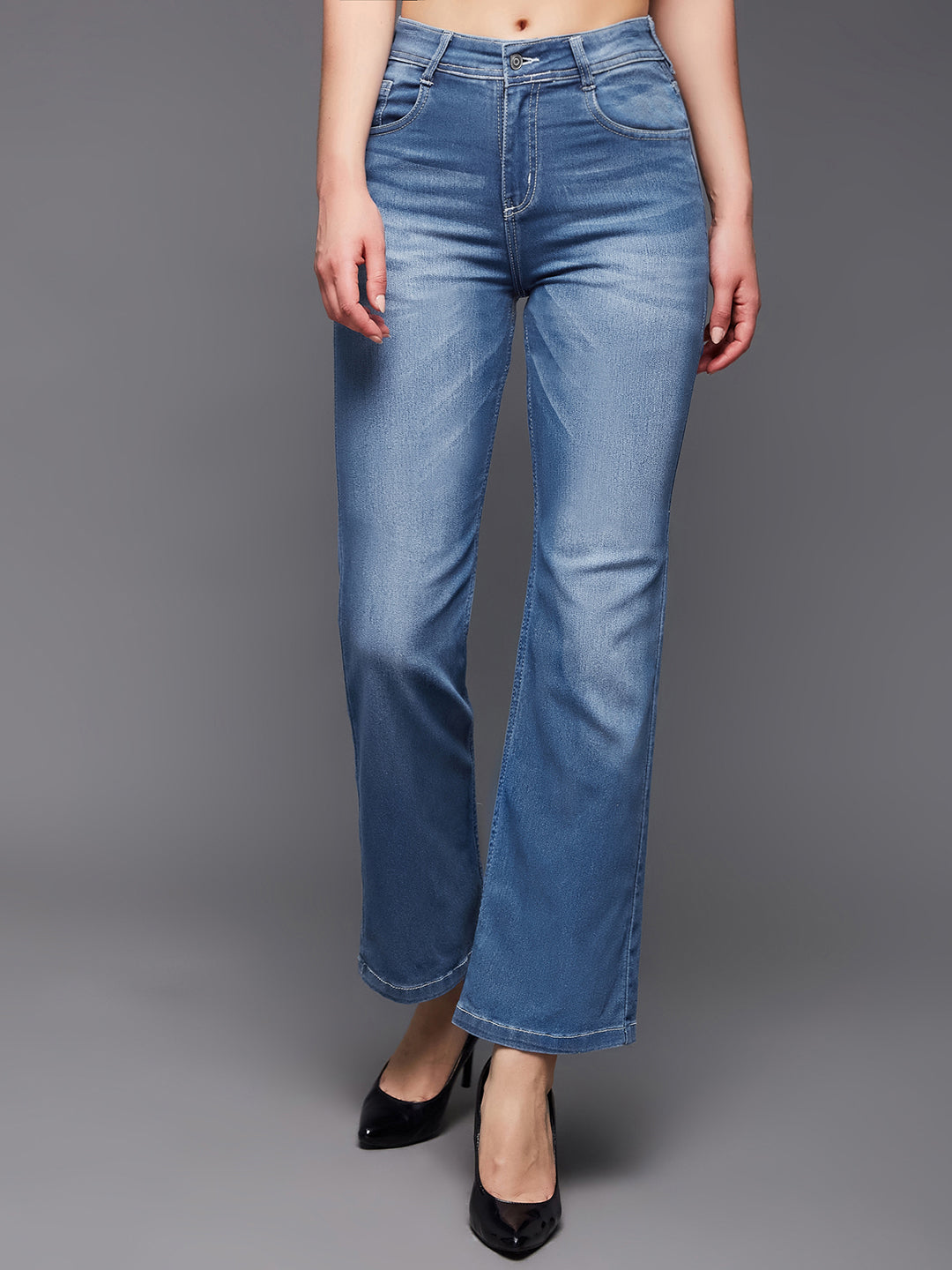 24/7 Comfort Women's Light Blue Wide-Leg Mid Rise Light Weight Clean Look Regular Length Blast Effect Denim Jeans