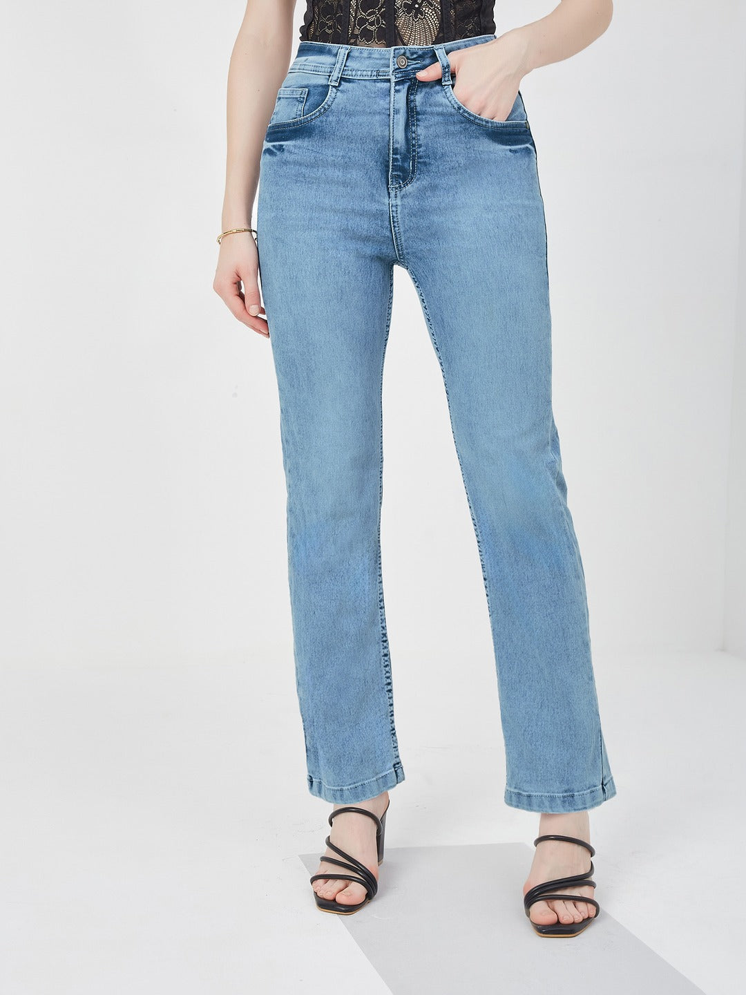 Light Blue Wide-Leg Fit high-rise Stretchable Denim Jeans for Women