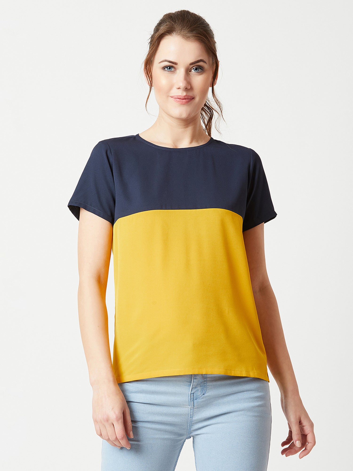 Women's Multicolored With A Navy Blue Base Round Neck Short Sleeve Solid Color block Boxy Top