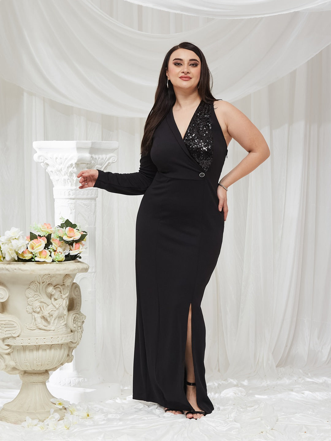 Black Solid Asymmetric Sequined Maxi Dress for Women
