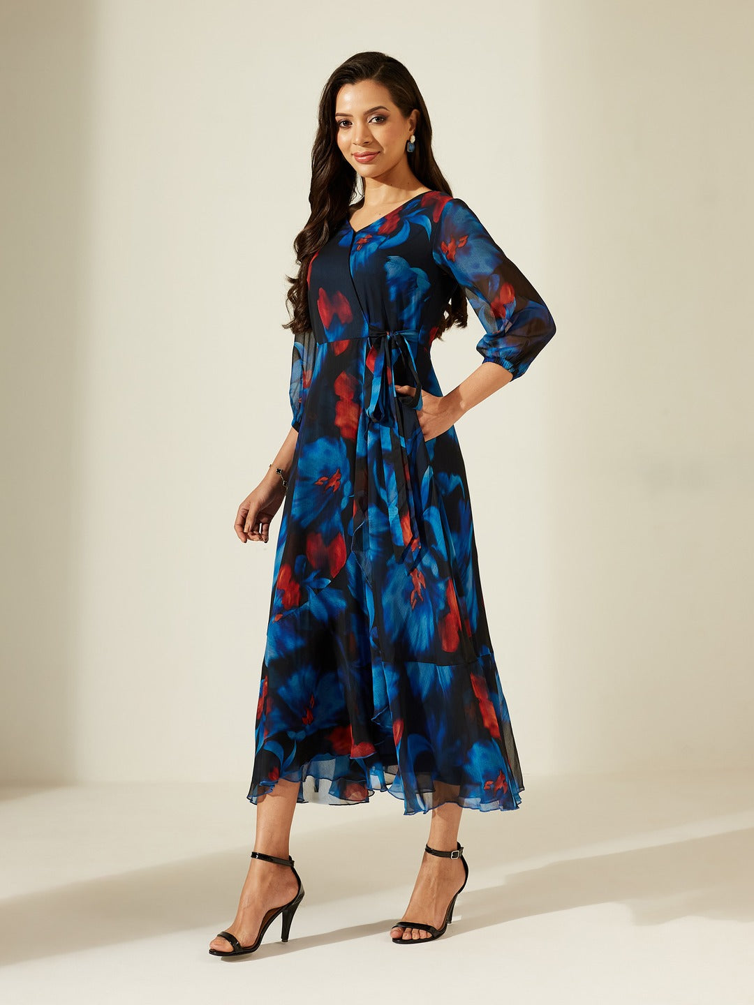Black Floral V-Neck 3/4 Sleeve Wrap Chiffon Midi Dress for Women