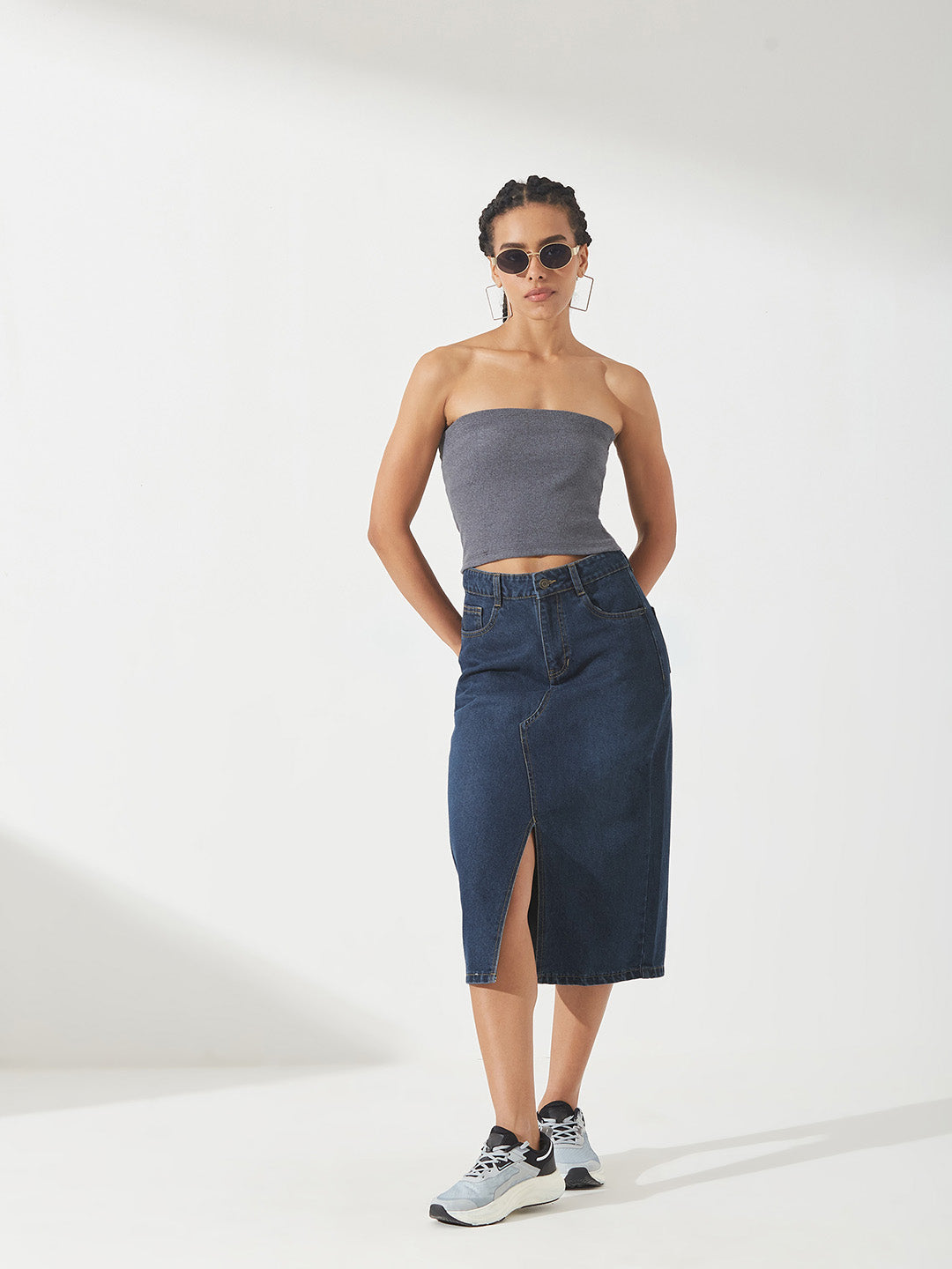 Dark Blue A-Line High-Rise Non-stretchable Denim Midi Skirt for Women
