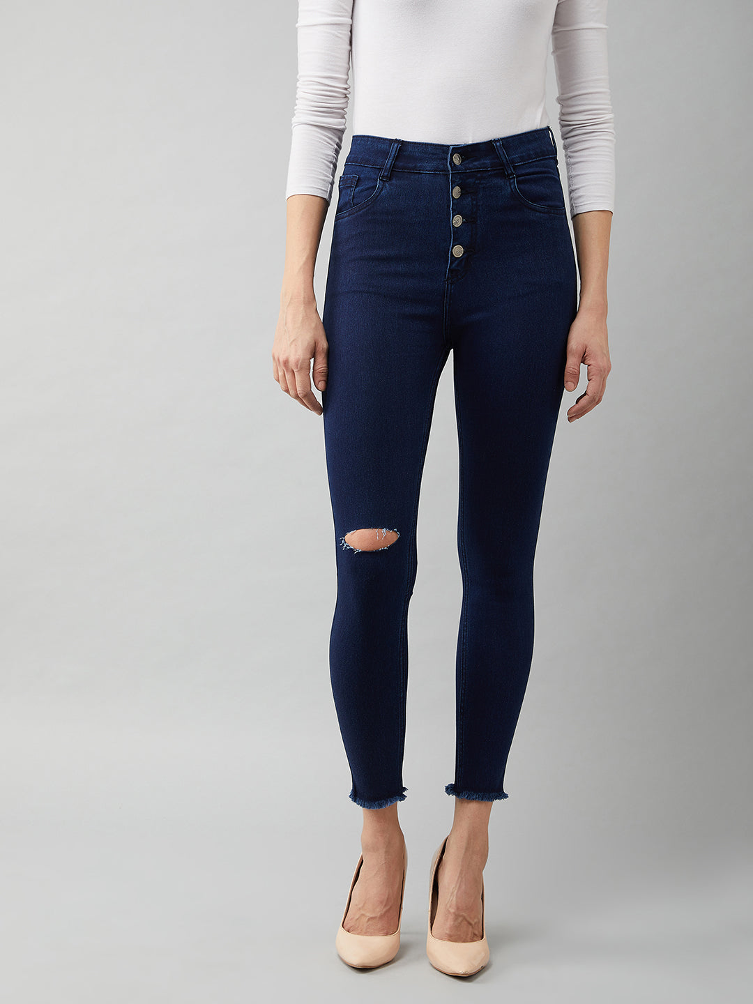 Women's Navy Blue Cotton Skinny Fit Cropped High Rise Stretchable Denim Jeans