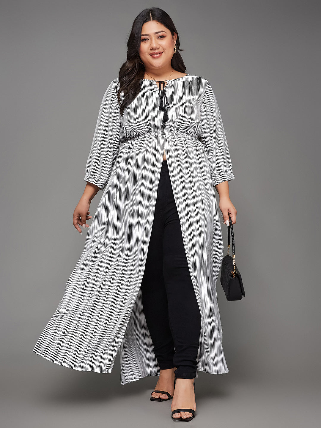 Women's Black & White Round Neck 3/4 Sleeve Striped Tassel Tie-Up Detailing Maxi Top