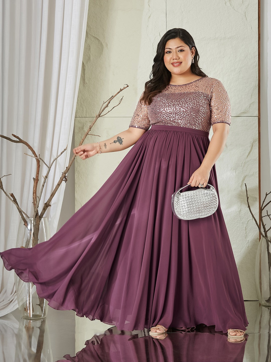 Mauve Relaxed Fit Maxi Georgette & Sequins Dress for Women