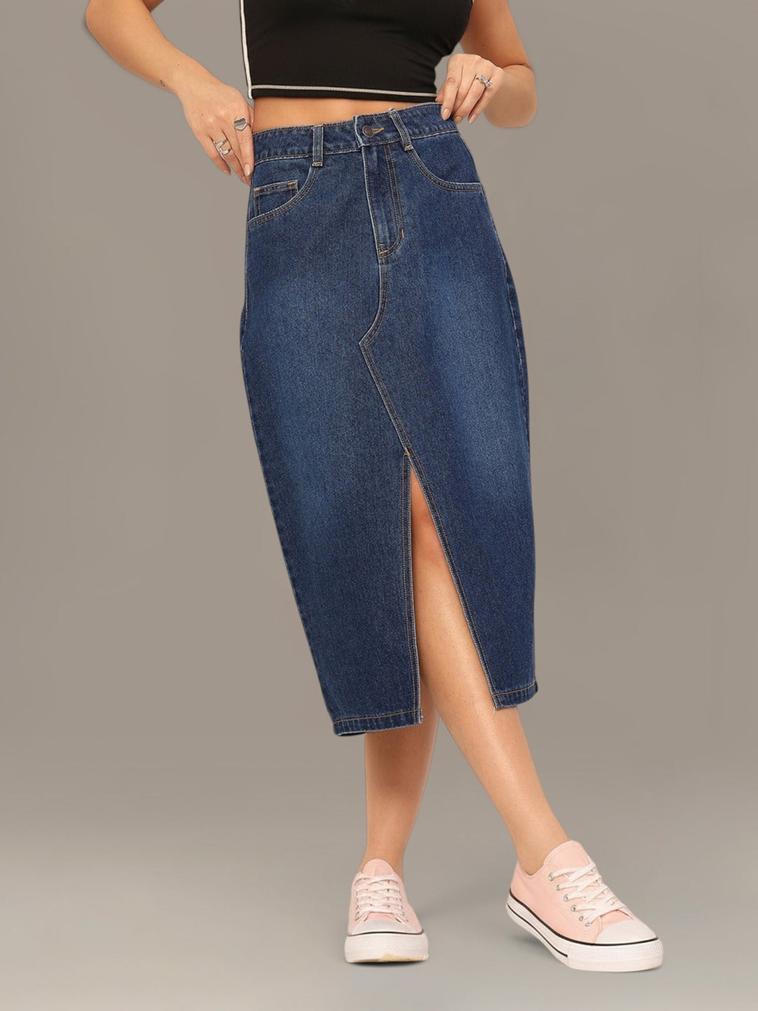 Dark Blue A-Line High-Rise Non-stretchable Denim Midi Skirt for Women
