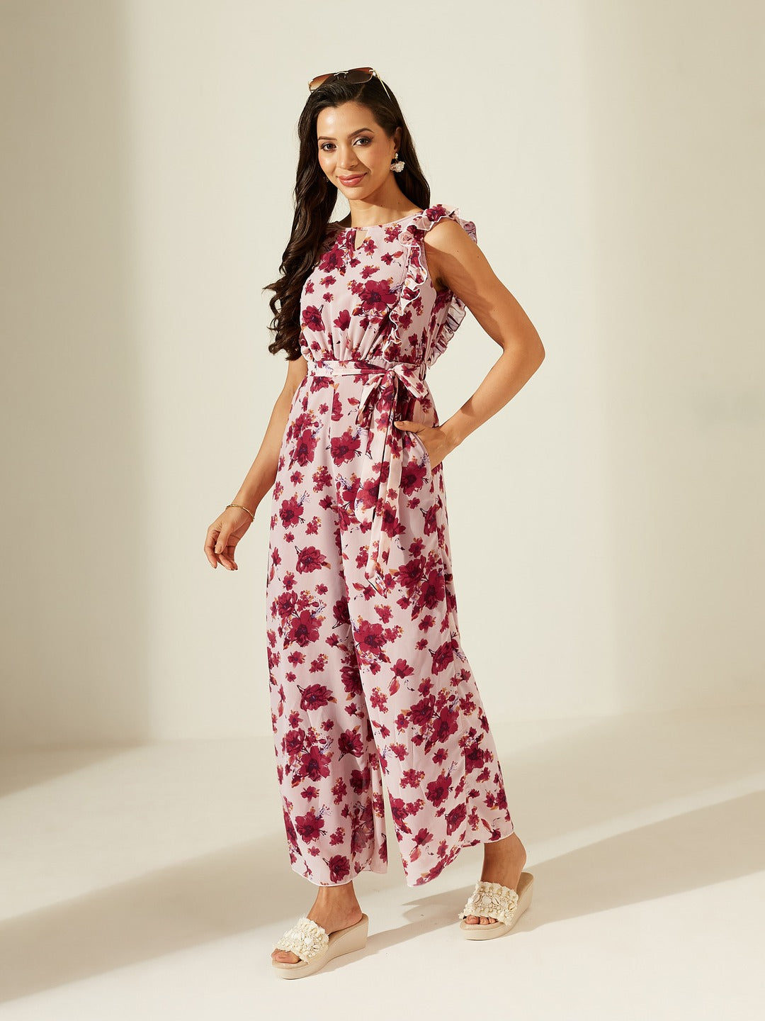 Light Pink Round neck Sleeveless Floral Wide Leg Regular Jumpsuit for Women