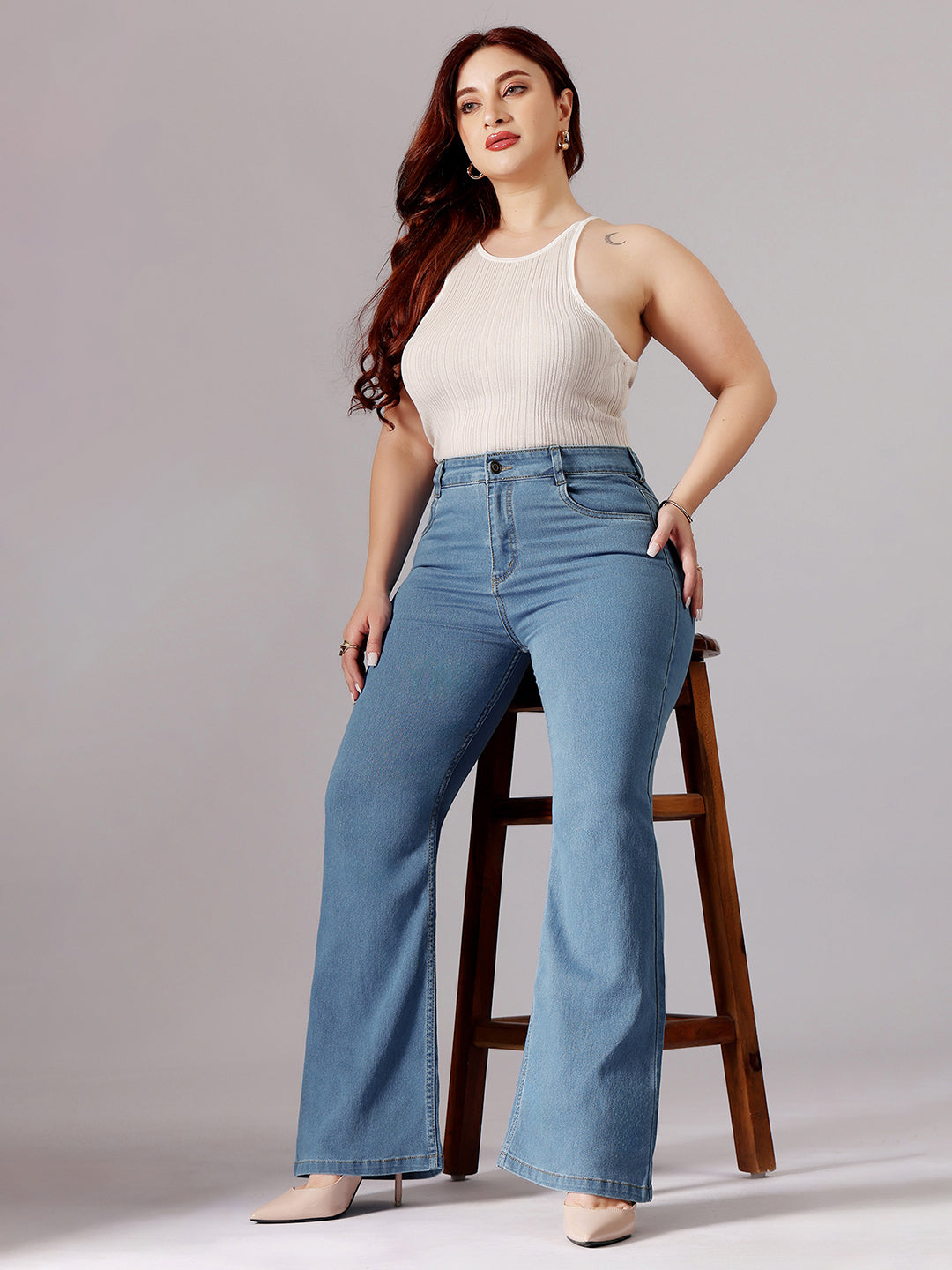 Women's Light Blue Bootcut High-Rise Clean-Look Stretchable Denim Jeans
