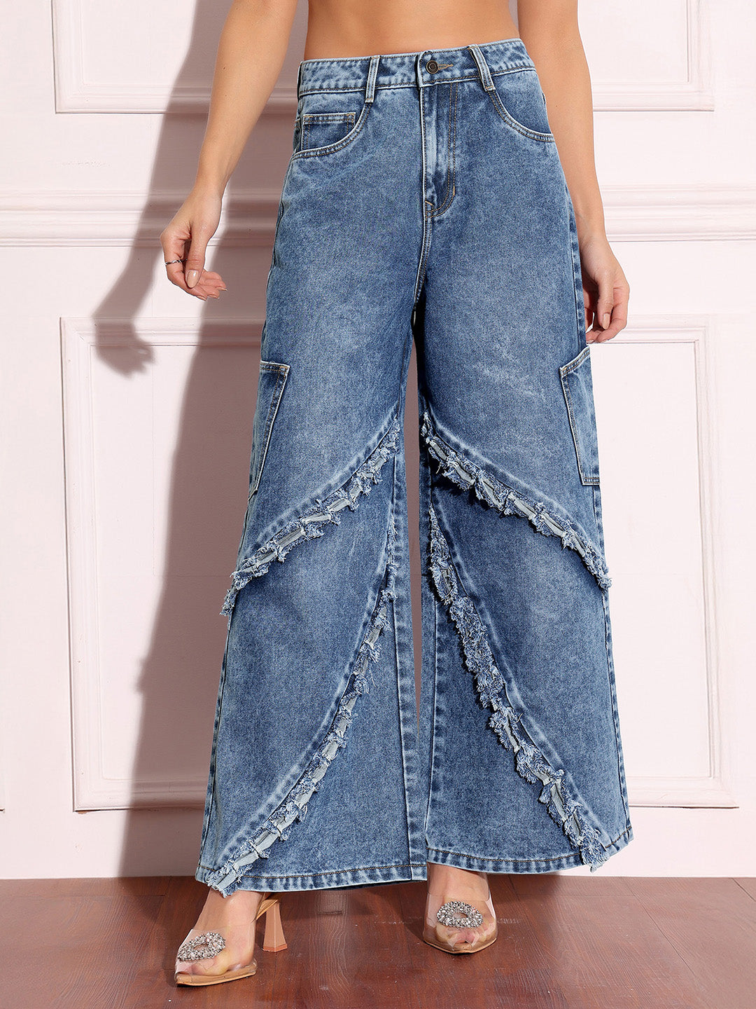 Women's Navy-Blue Wide-Leg High-Rise Highly-Distressed Regular-Length Denim Jeans