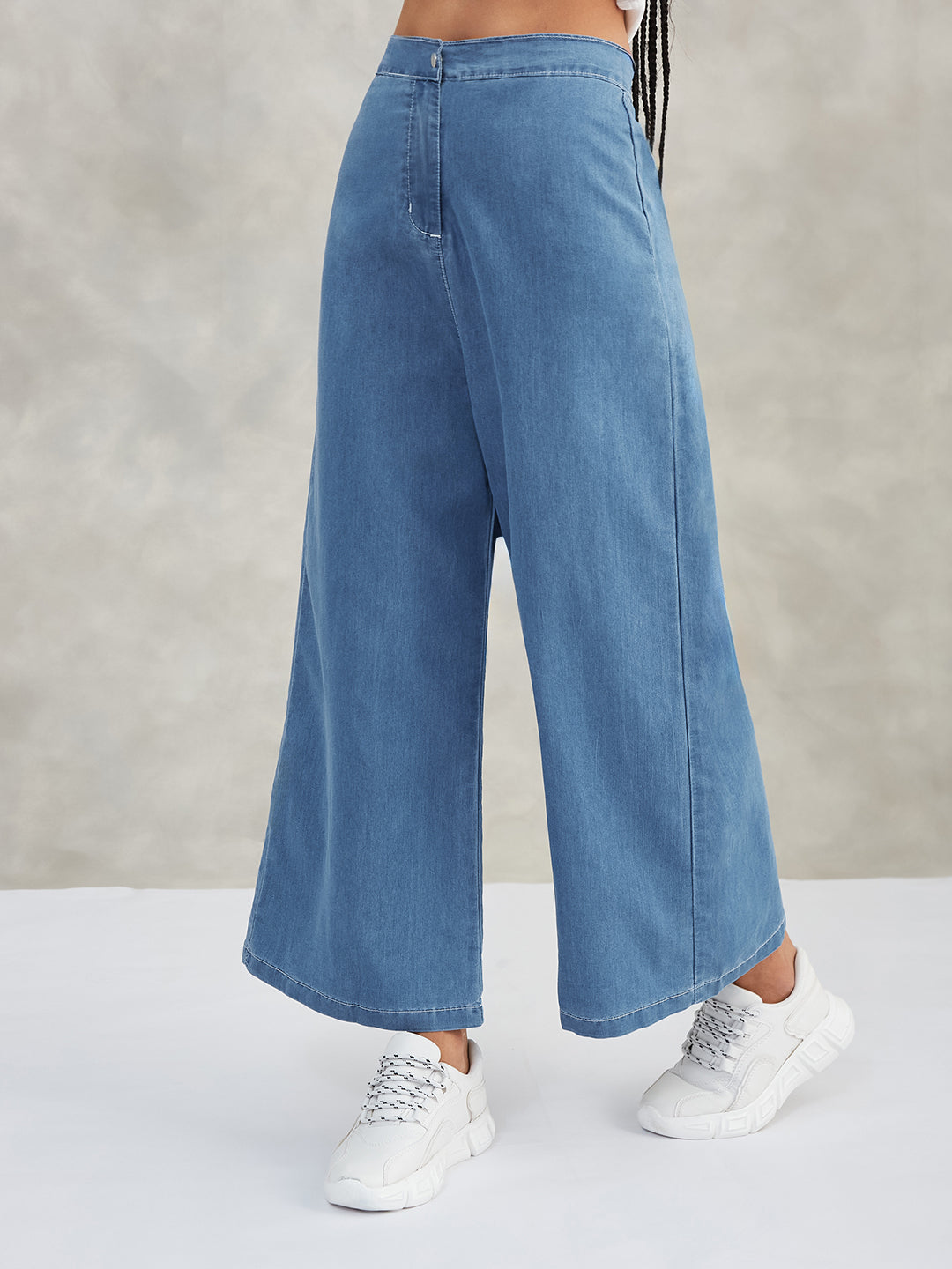 Women's Blue Flared Wide-Leg High-Rise Non-Stretchable Denim Pants