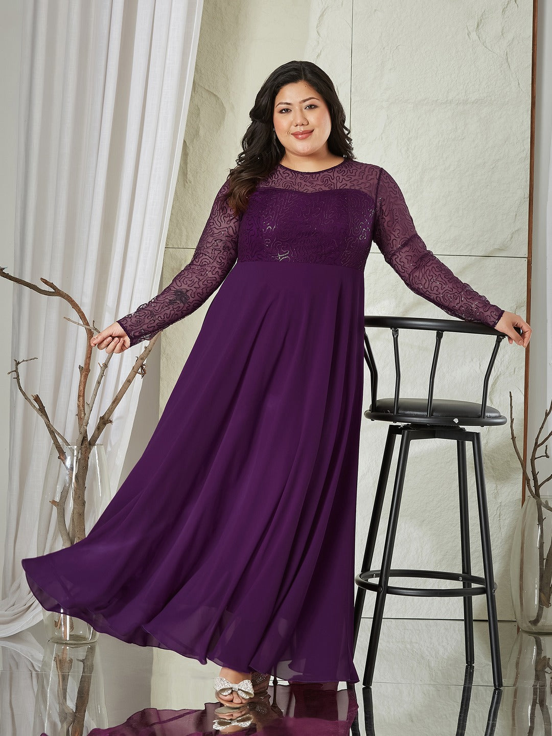 Dark Purple Solid Embellished Maxi Dress for Women
