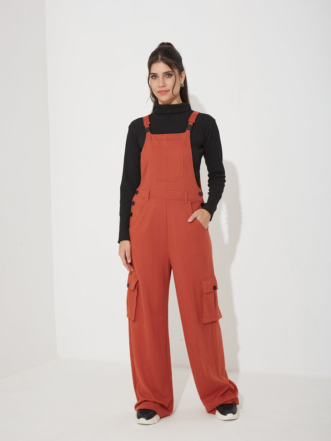 Women's Rust Square Neck Sleeveless Solid Wide Leg Full Length Cotton Dungaree