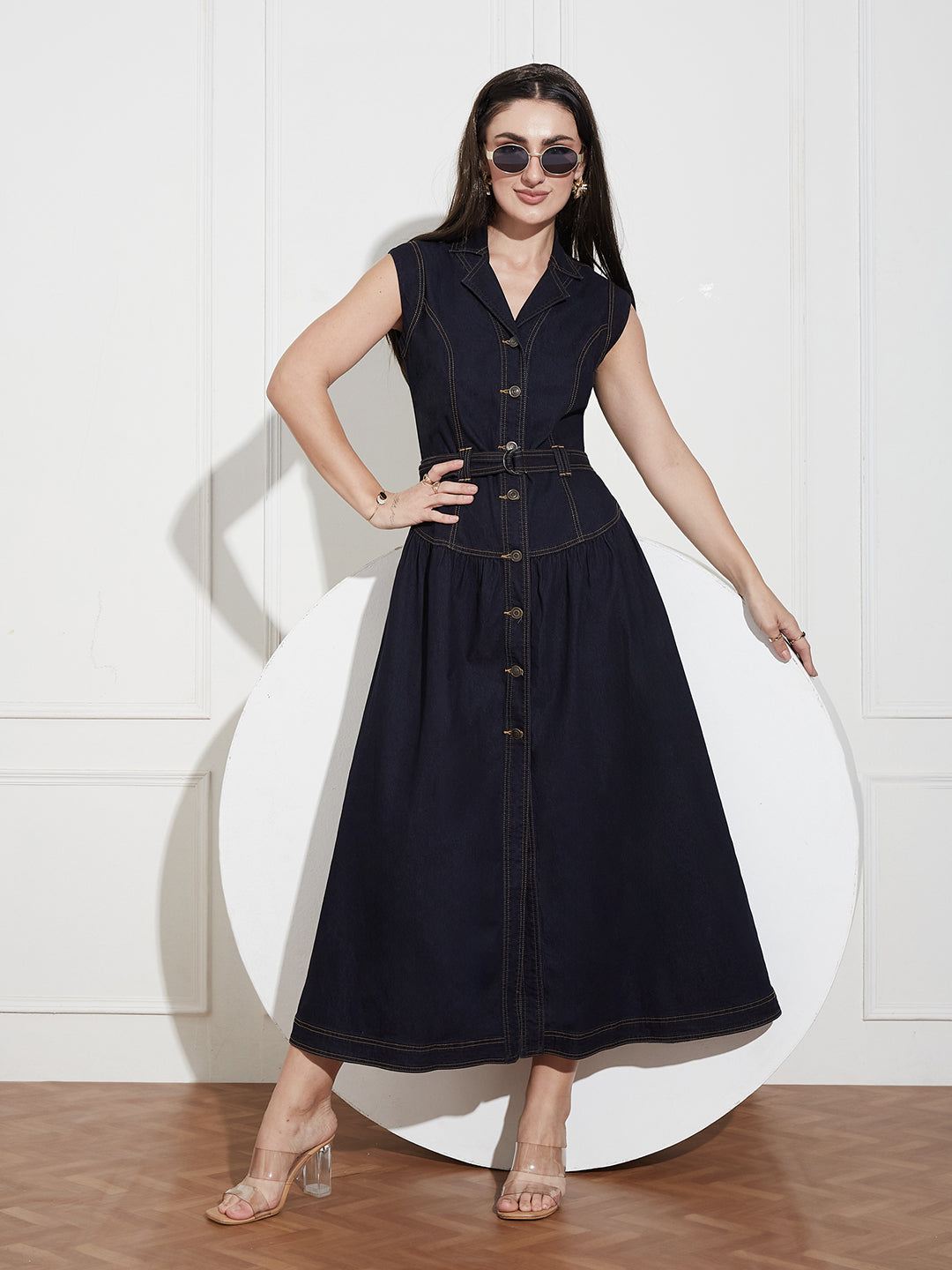 Women's Dark Blue Notched-Collar Sleeveless Solid Drop Waist Maxi-Length Light Weight Denim Shirt Dress