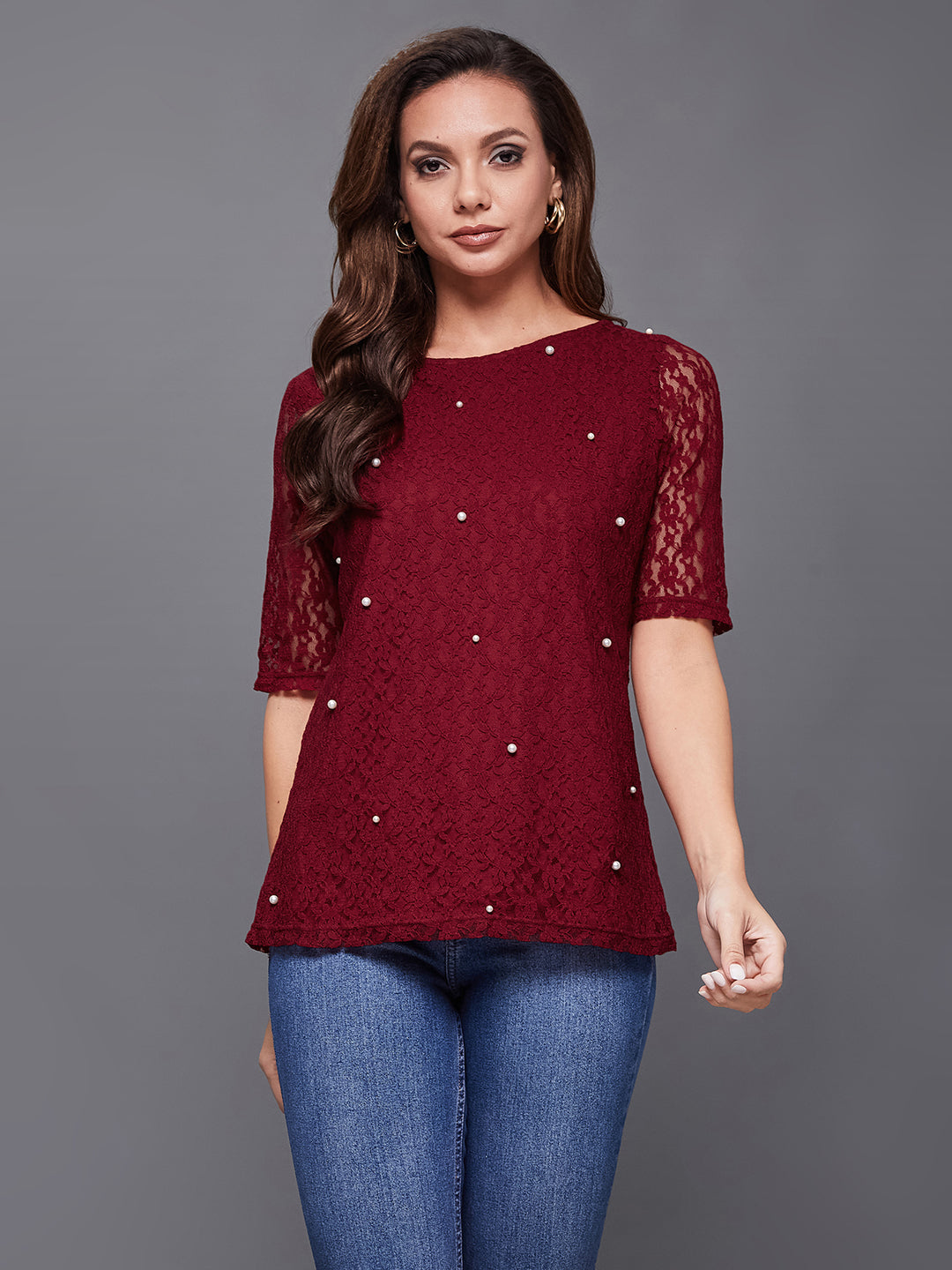 Women's Maroon Round Neck Half Sleeves Cotton Solid Lace And Pearl Detailing Top