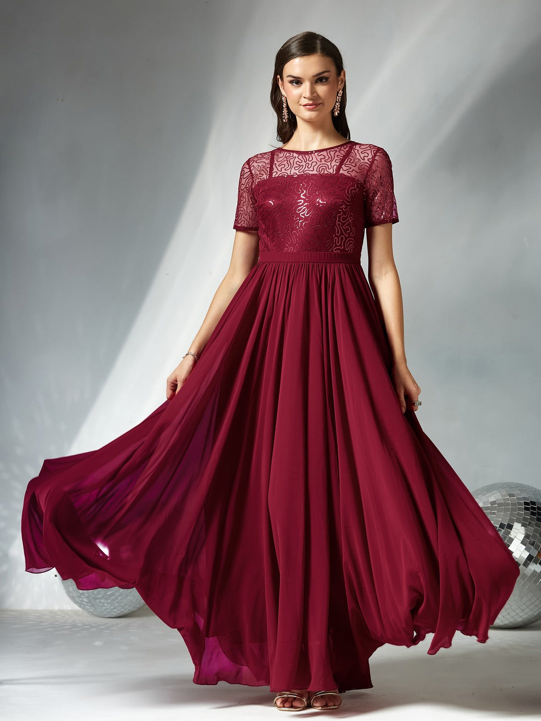 Maroon Relaxed Fit Maxi Georgette & Sequins Dress for Women